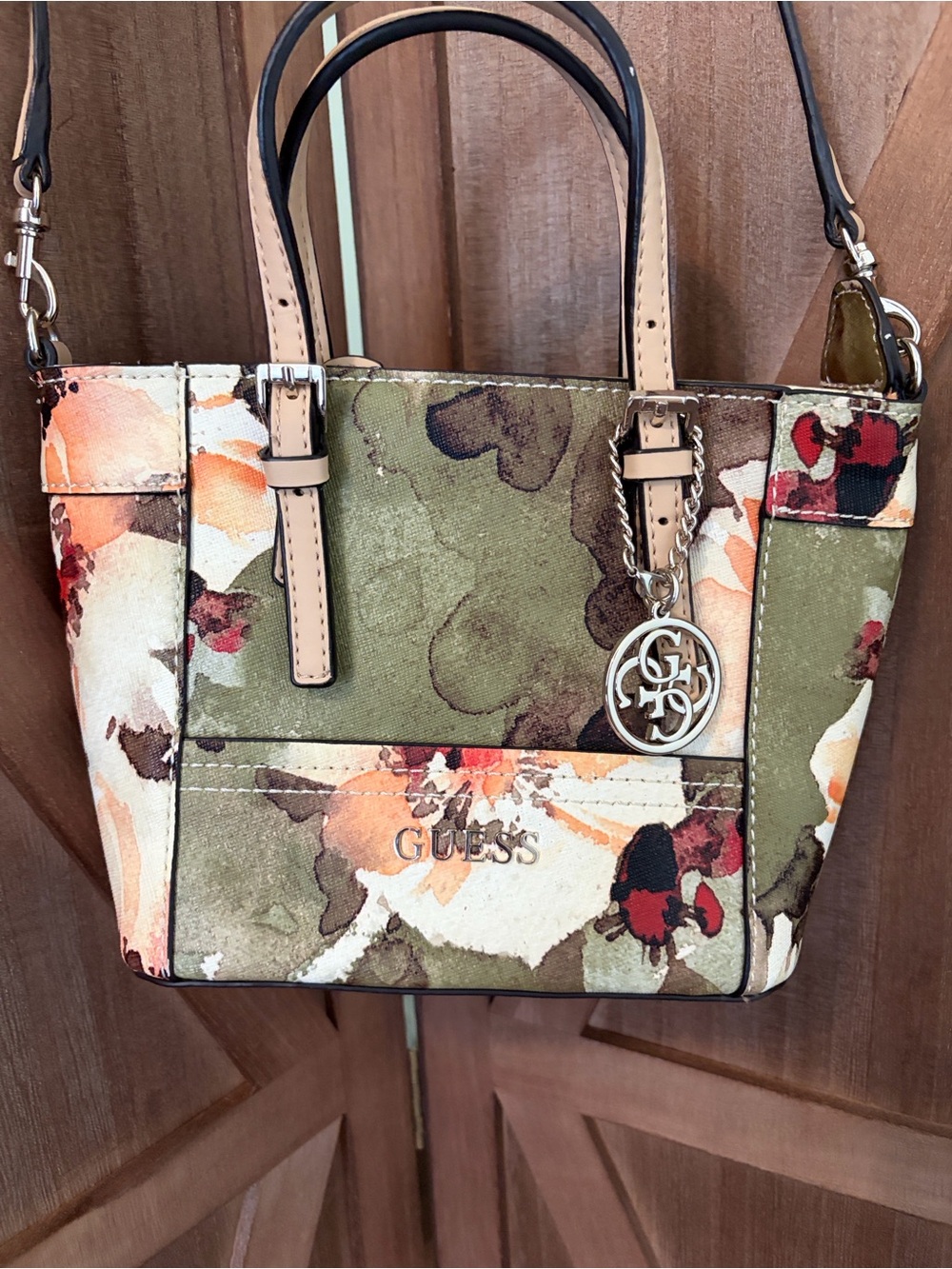 GUESS Olive Green Floral Mini Tote with Beige and Rust Accents